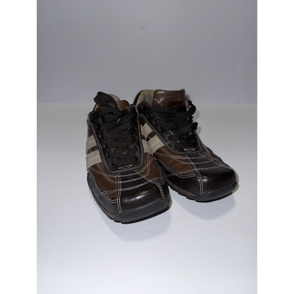 Perry Ellis America Men 8.5 Leather Sneakers Brown Casual Shoes Stripes Lace NEW